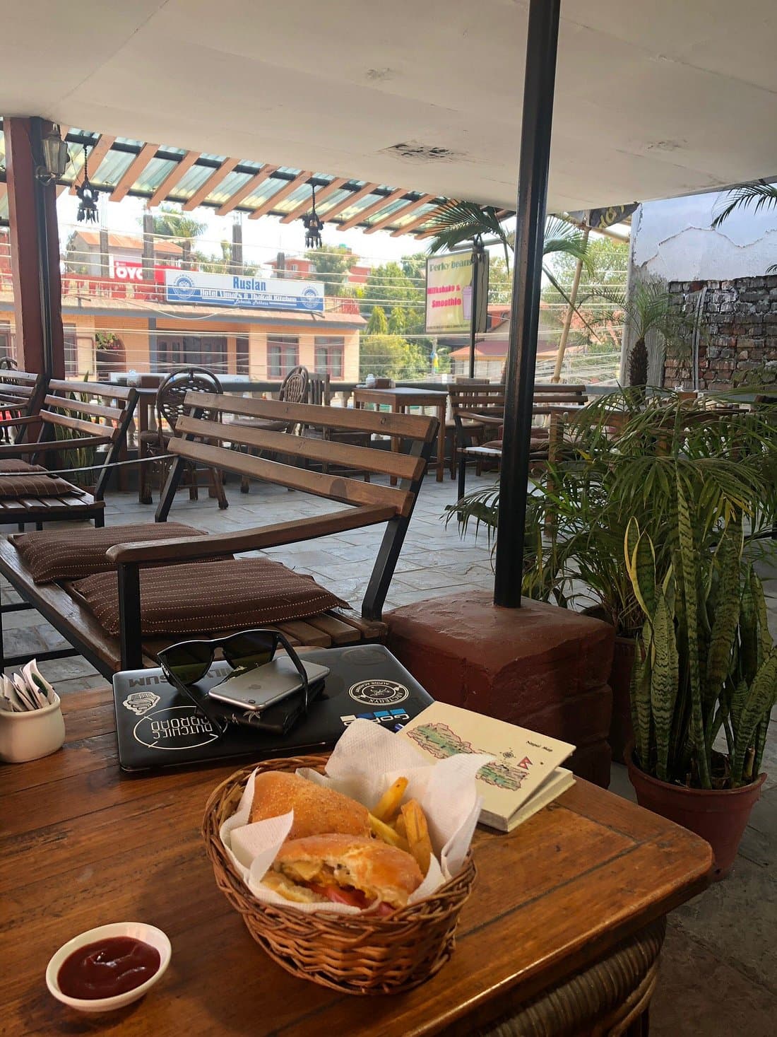 Cafe interior with wooden furniture